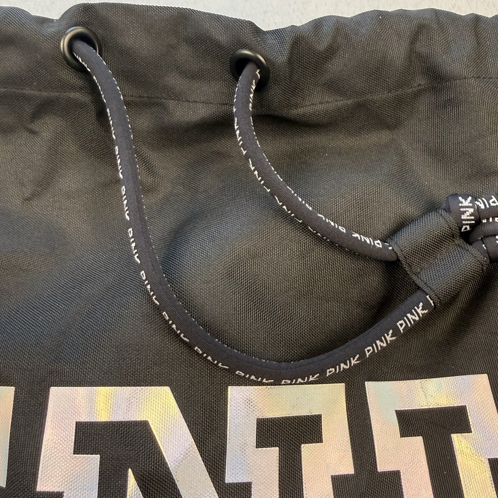 Victoria's Secret PINK ~ Excellent Metallic Drawstring Backpack Black/Silver EUC - Picture 3 of 8